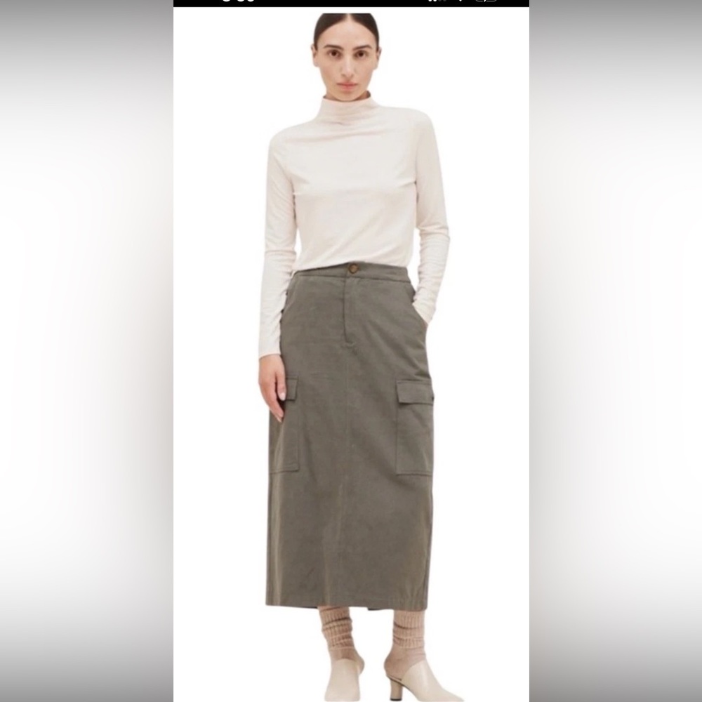 NWT Boutique Twill Cargo Midi Skirt Grey Green Spruce Size S Capsule Wardrobe